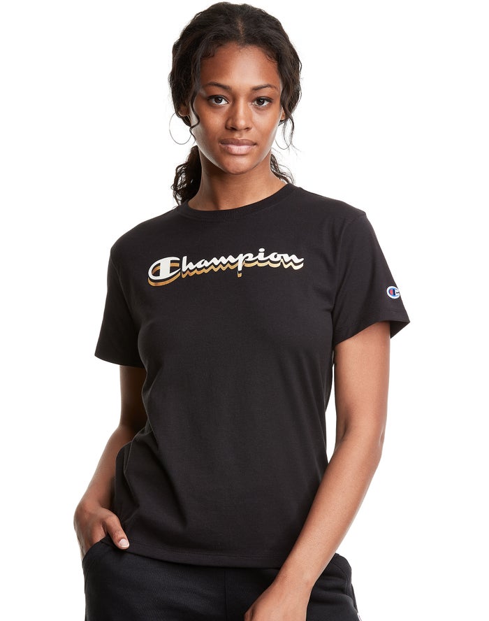 Champion Classic Drop Shadow Foil Script Logo Kadın Tişört Siyah ( RUSNPE138 )